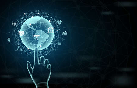 fingers touching business world, modern business and technology graphics, blue light against black...