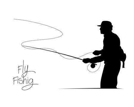 Silhouette fisherman throw hook, Drawing man doing fly fishing activity.のイラスト素材