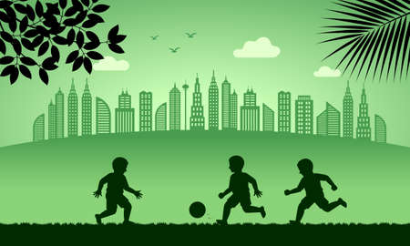 silhouette of a group of children playing ball, green tone outdoor exercise illustrationのイラスト素材