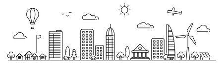 Line city. Outline town street with buildings and cars.のイラスト素材