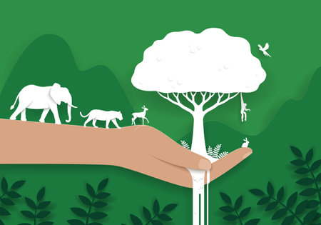 Hand drawing of a person holding a big tree and wild animals. Paper cut art style illustrationのイラスト素材