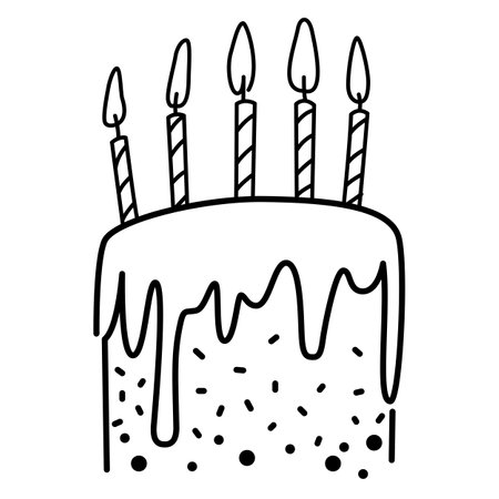 Hand-drawn birthday cake with black lines. Draw a doodle-style cake and candles.のイラスト素材