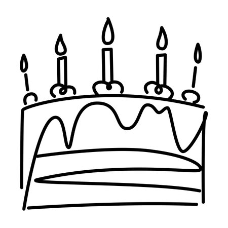 Hand-drawn birthday cake with black lines. Draw a doodle-style cake and candles.のイラスト素材