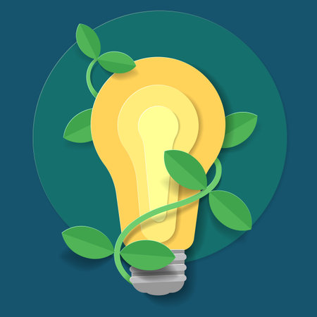Lamp and plant paper cut art. Clean energy concept illustration.のイラスト素材