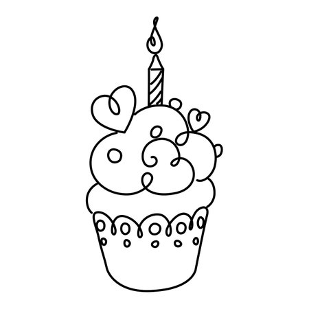 Birthday cake line drawing, cupcake outline sketch black on white background.のイラスト素材