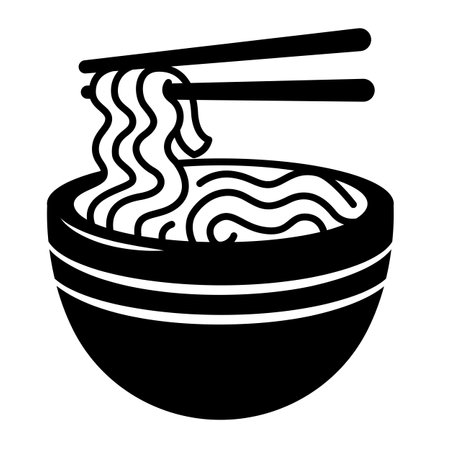 Chopsticks symbol scoops noodles in a bowl. Illustration black nooddle on white background.のイラスト素材