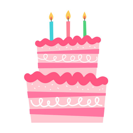 Birthday cake with candles cartoon style, Bakery drawings on white background.のイラスト素材