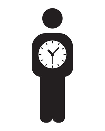 The clock icon is inside the person symbol. Important things in life. Black graphics on white background. Time of life,のイラスト素材