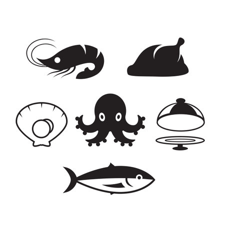 food icon set chicken and seafood, black illustration on white backgroundのイラスト素材
