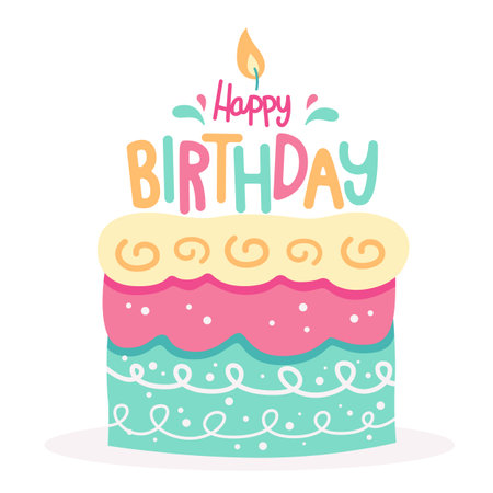 birthday cake cartoon drawing, colorful bakery illustration on white background.のイラスト素材
