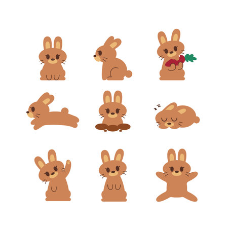 brown rabbits cartoon drawing many gestures, white background.のイラスト素材