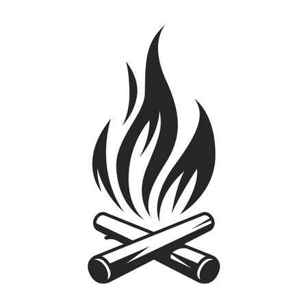 Vector black and white cartoon illustration of burning fire with wood. Fire wood and bonfire icon isolated on white background for web, print, decoration, burning flame.のイラスト素材