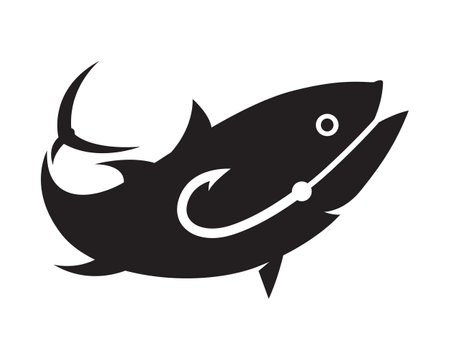 The hook is in the tuna, sea fishing symbol, black sea fish graphic on white backgroundのイラスト素材