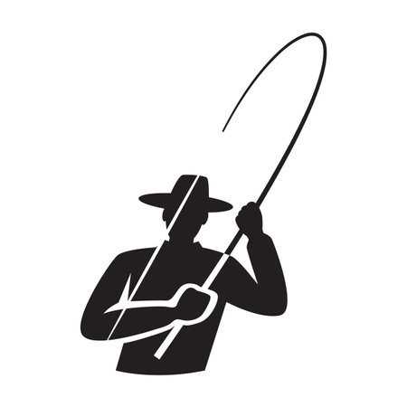 Angler fisherman fighting big fish rod and reel, fisherman drawing, logo fly fishingのイラスト素材