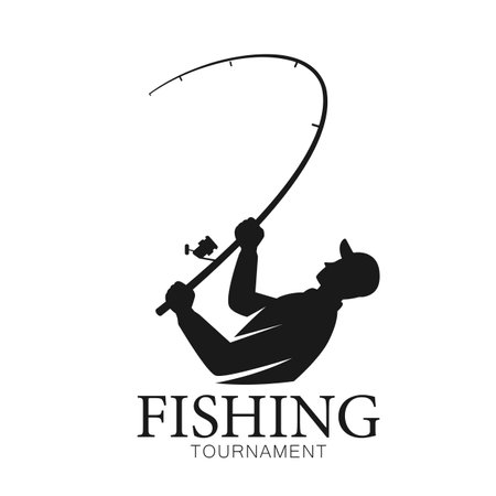 Angler fisherman fighting big fish rod and reel, fisherman drawing, logo fly fishing, vectorのイラスト素材