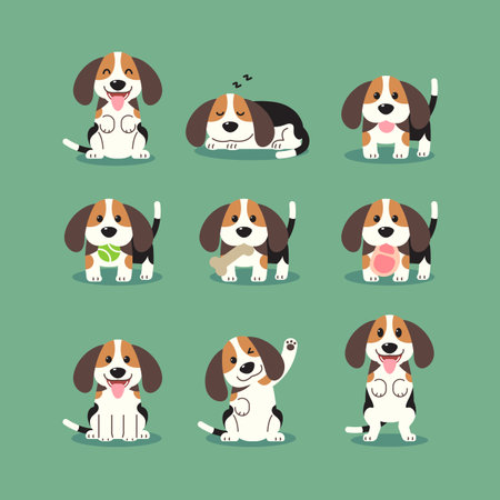 Cartoon beagle puppies in various poses, Set of cute pet drawings.のイラスト素材