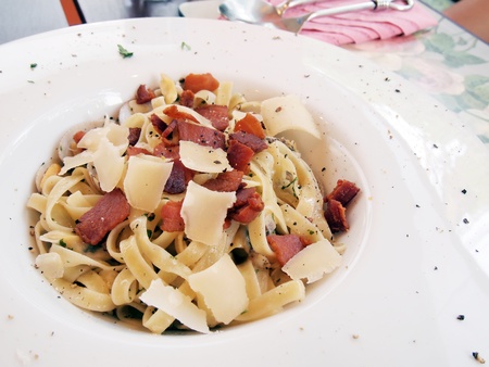 Spaghetti Carbonara with bacon and cheese の写真素材