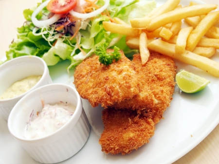 Fried fish with fresh salad and dipping sauce as condimentの写真素材