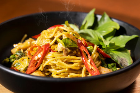 Spaghetti Green Curry with Chickenの写真素材