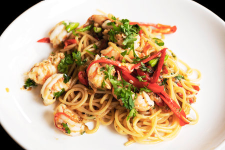 Stir Fried Spaghetti with Garlic Shrimp and Chiliの写真素材