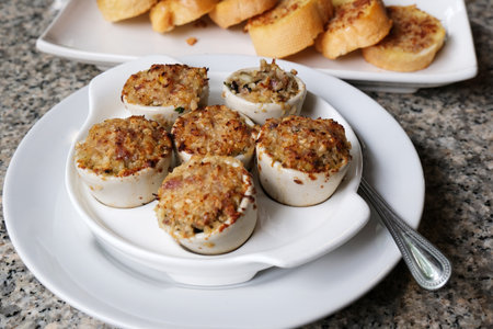 Baked Clams with Garlic Butter and Garlic Breadの写真素材