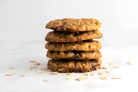 Oatmeal Chocolate chip Cookies on white marble backgroundの写真素材