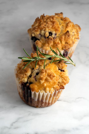 Blueberry Crumble Muffins on the marble floorの写真素材