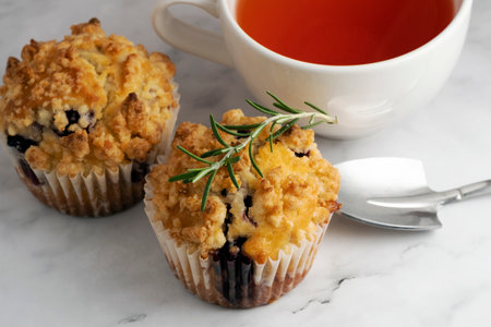 Blueberry Crumble Muffins on the marble floorの写真素材