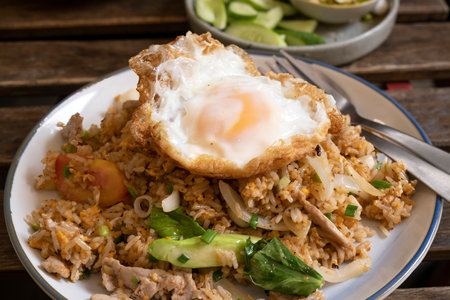 Fried Rice with Pork and Fried Eggの写真素材