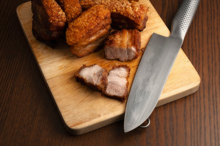 crispy pork on a wooden chopping board on the tableの写真素材