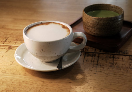 Hot latte coffee with hot matcha green tea on wooden tableの写真素材