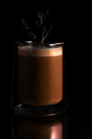 Hot latte on black backgroundの写真素材