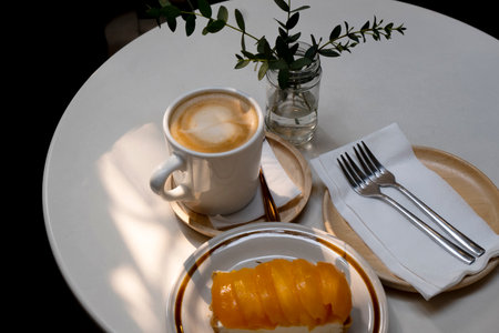 Afternoon hot coffee with mango cheesecakeの写真素材