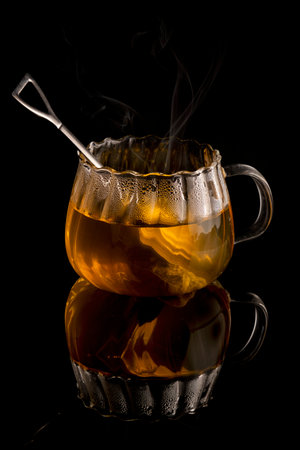 Hot tea on black background and reflectionの写真素材