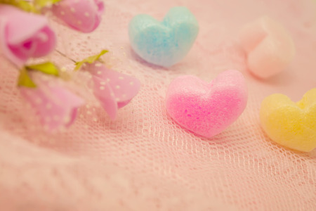 hearts and a bouquet of pink roses , Valentines Day backgroundの写真素材