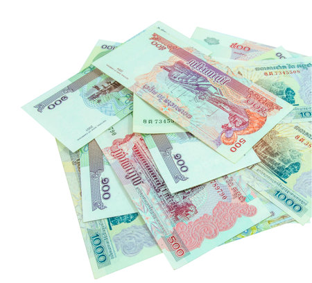 100, 500 and 1000 riel banknotes from cambodia の写真素材