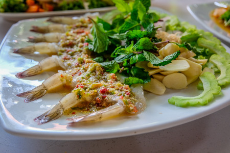 Shrimp in fish sauce Served with side vegetables. Sea food in Thailandの写真素材