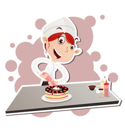 Vector illustration of cartoon female pastry chef decorating cake. EPS 10のイラスト素材