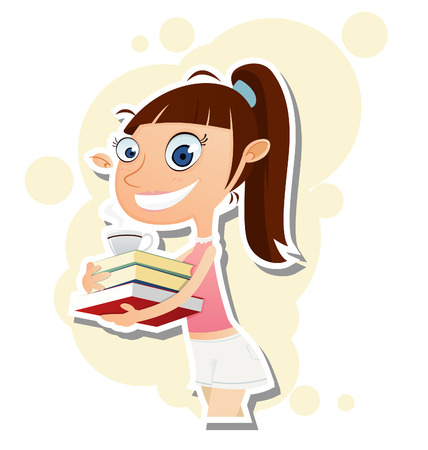 vector illustration of cartoon beautiful girl holding books and coffee cup. EPS 10のイラスト素材