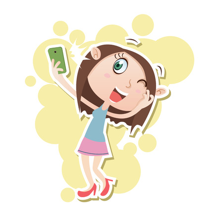Cartoon beautiful girl  taking pictures of herself with cell phone.のイラスト素材