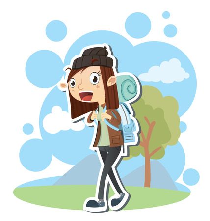 Cartoon female backpacker carrying backpack.のイラスト素材