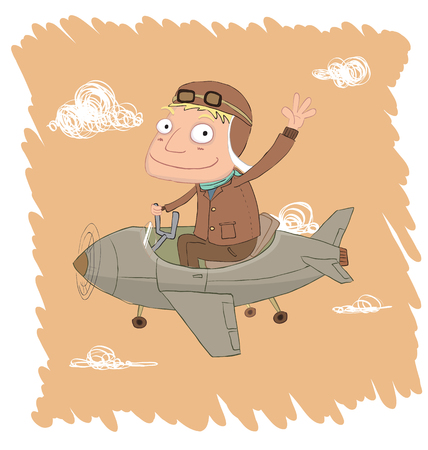 Cartoon pilot flies small plane and waving.のイラスト素材