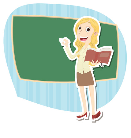 Cartoon beautiful female teacher standing in front of chalkboard.のイラスト素材