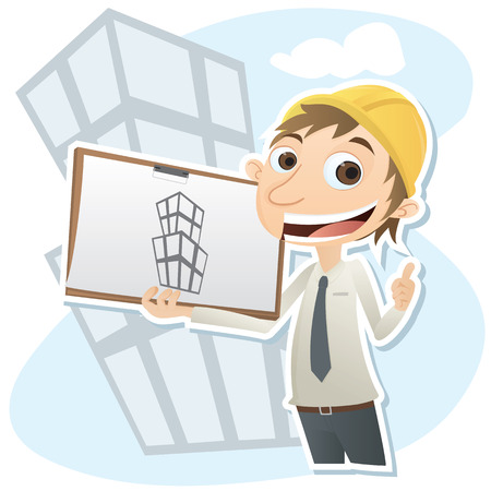 Cartoon smiling civil engineer with blueprint.のイラスト素材