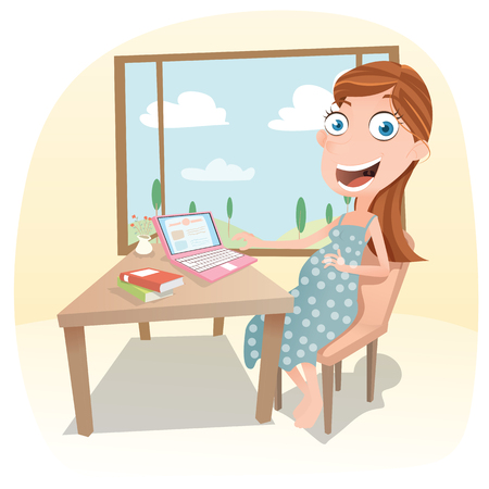 Cartoon pregnant woman working with notebook computer at homeのイラスト素材