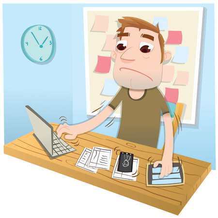 cartoon man very busy using computer notebook tablet and smart phoneのイラスト素材