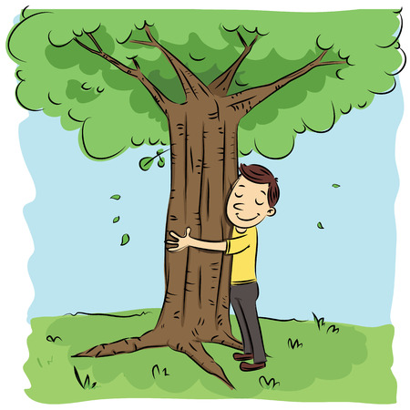 cartoon man hugging tree.のイラスト素材