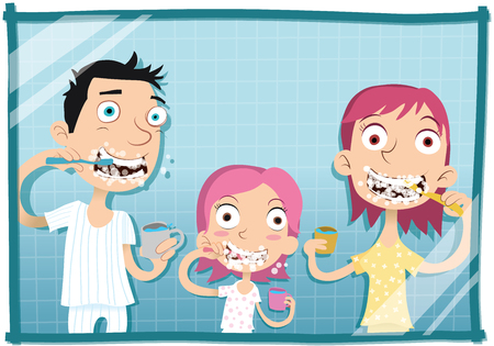 Cartoon family brushing teeth together.のイラスト素材