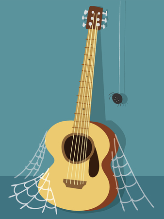 Cartoon illustration of old guitar with spider webのイラスト素材