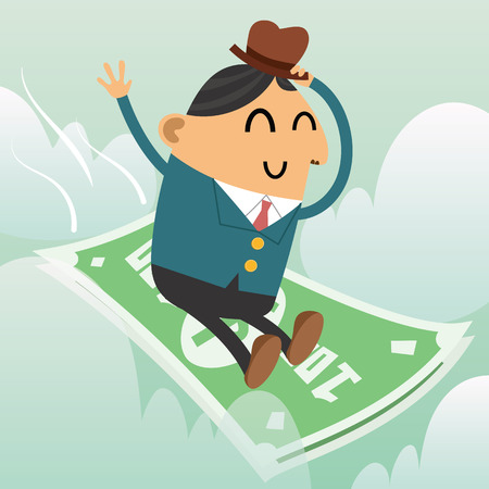 cartoon smiling businessman riding moneyのイラスト素材